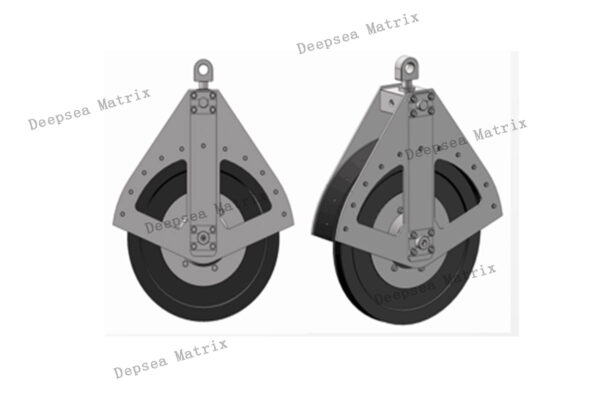 A heavy-duty sheave block guiding a thick cable.