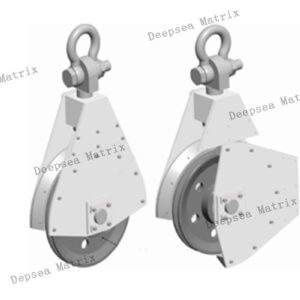 A side-opening sheave block with the latch open for easy rope access.