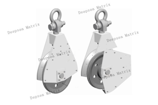 A side-opening sheave block with the latch open for easy rope access.