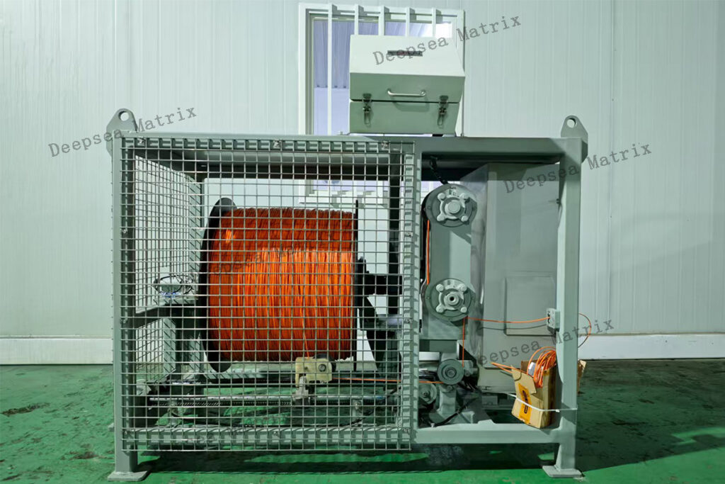 large winch spooled with over 1000m of armored fiber optic cable Chinese manufacture