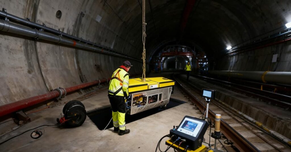 inspection ROV operating in an tunnel. It is equipped with sonar and HD cameras, controlled via a fiber optic umbilical cable from a self-developed winch system, performing structural health assessment, sediment mapping, and defect identification.