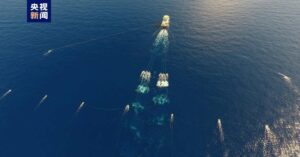CNOOC geophysical exploration vessel towing a side-scan sonar array during marine seismic survey operations, showcasing the application of a dual-drum towing winch system.