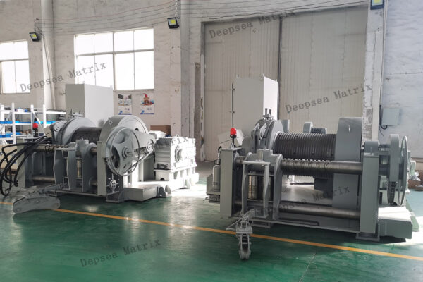 Industrial constant tension winch with 30 ton pulling capacity, 25m/min speed, and real-time monitoring for port defense net systems.