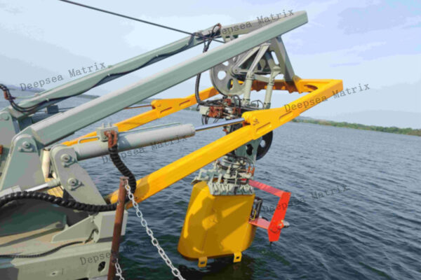Deep-tow system operational at sea, with the tow cable maintained at constant tension.