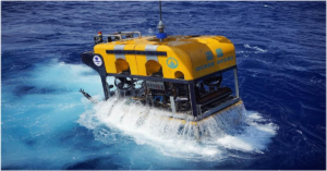 The 'Haima-4500', a 4500-meter class Chinese Unmanned Remote Operated Vehicle (ROV) diving system, performing a deep-sea scientific survey or intervention task on the seabed.