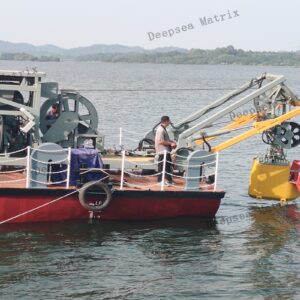 Launching a towed sonar fish from a vessel using a dedicated LARS during a survey mission.